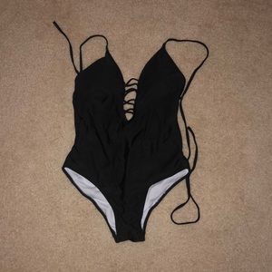 Black Opened Chest One Piece Bathing Suit